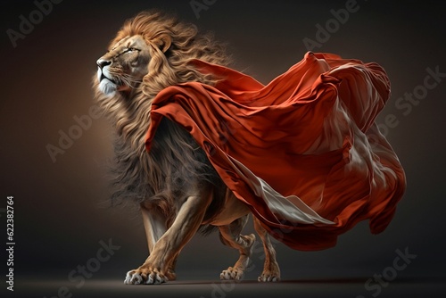 A Devine Lion moving having a silk clothe on the back