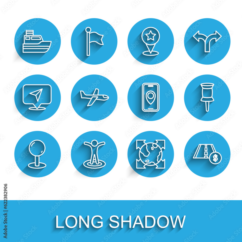Set line Push pin, Location with person, Ship line path, World globe compass, Toll road traffic sign, Plane, and City map navigation icon. Vector