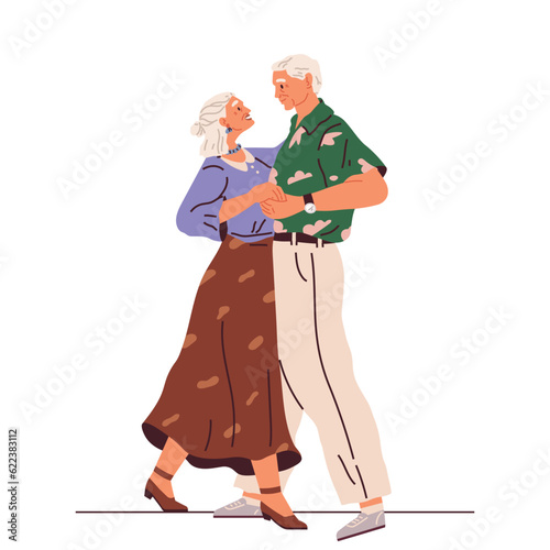 Old couple dance. Vector illustration. Grandpa does dance support, grandma. Elderly couple dancing at party. Cartoon old man and woman dancing. Happy grandmother and grandfather couples hugging