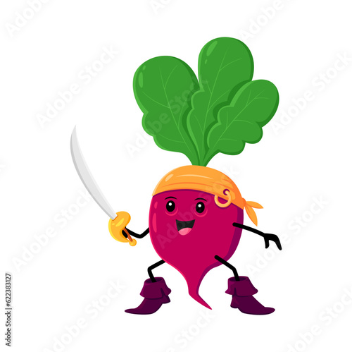 Cartoon radish vegetable pirate and corsair character. Vector happy buccaneer veggies with saber. Isolated smiling freebooter or picaroon personage wear bandana and boots ready for fight with sabre