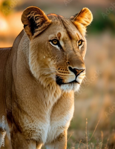 AI generated illustration of an African lioness illuminated by the warm light of a beautiful morning