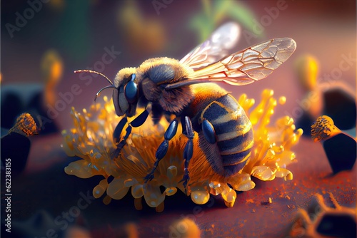 AI generated illustration of a bee taking pollen from a flower