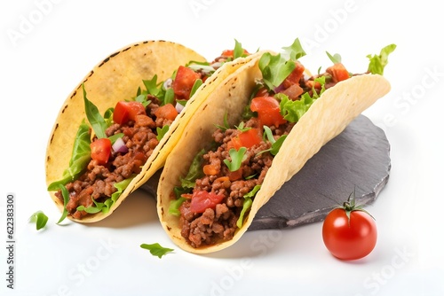 AI generated illustration of two tacos filled with fresh lettuce and tomatoes, with copy space