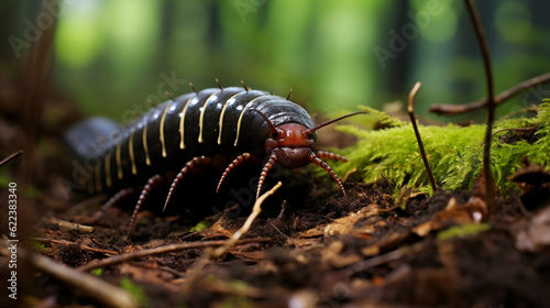 millipede walks for food on the ground in the forest, Generative Ai © oldwar