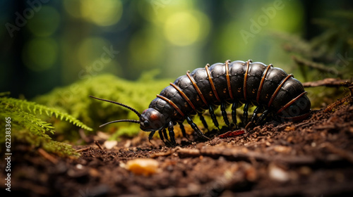millipede walks for food on the ground in the forest, Generative Ai