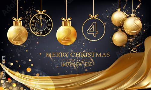card or banner to wish a merry christmas and a happy new year 2024 in gold with hanging christmas balls in gold color a clock and a drape on a black background with glitter