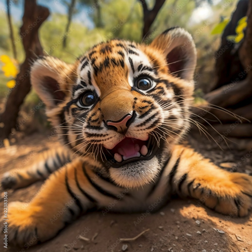 AI generated illustration of a smiling happy tiger lying on the ground ...