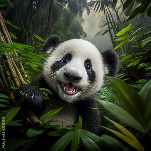 AI generated illustration of a cheerful panda in a jungle covered in greenery