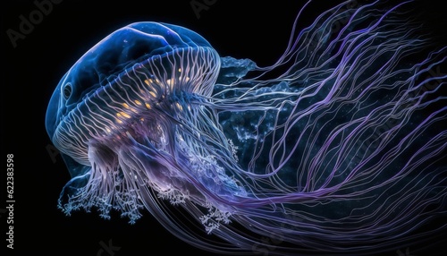 AI generated illustration of a beautiful jellyfish swimming gracefully in the clear blue water