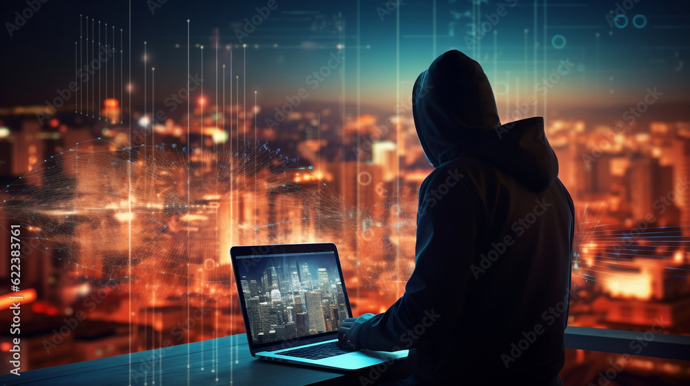 Ransomware cyber security concept, double exposure of man working on laptop computer and cityscape with technology code background of cyber security icons and internet network, Generative Ai Ransomware cyber security concept, double exposure of man working on laptop computer and cityscape with technology code background of cyber security icons and internet network, Generative Ai