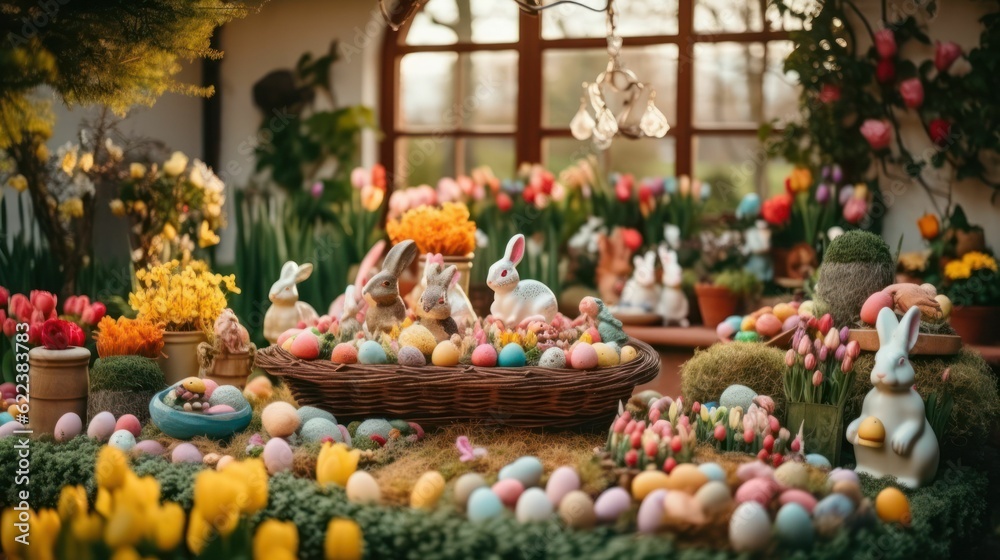 AI generated illustration of a selection of Easter eggs with assorted blooms and baskets