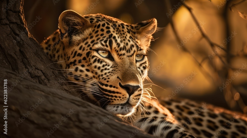 Fototapeta premium AI generated illustration of a leopard laying on a tree branch
