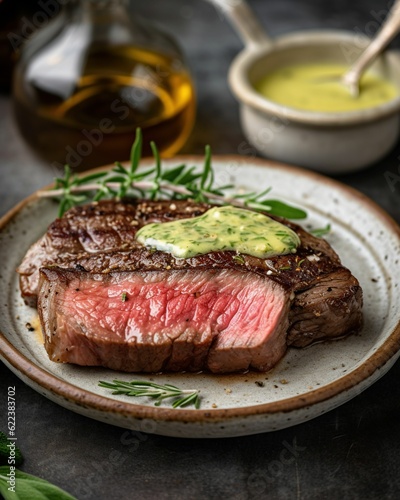 AI generated illustration of A  steak topped with a fragrant herby green sauce