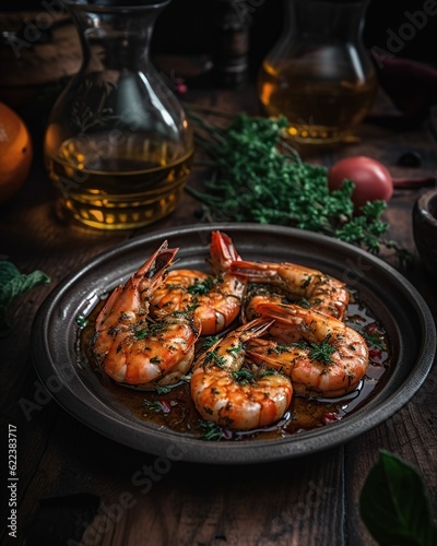 AI generated illustration of A close-up of a plate of cooked tiger shrimp garnished with parsley