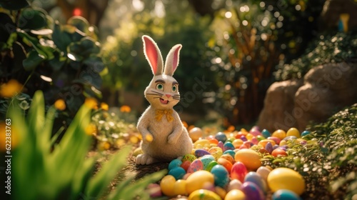 AI generated illustration of a bunny sitting in a field full of colorful eggs