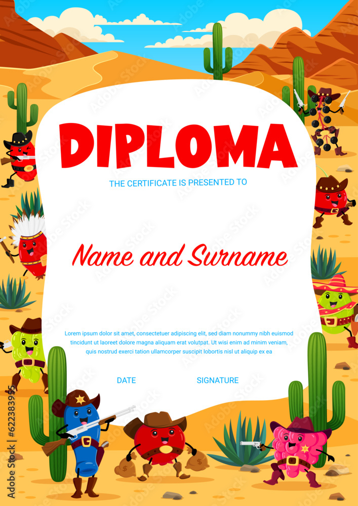 Naklejka premium Western kids diploma, cartoon berry cowboy, sheriff,ranger and bandit characters. Vector Education school certificate with cherry, rosehip, honeyberry, grapes and raspberry, burberry or gooseberry