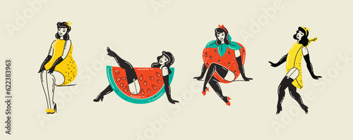 Beautiful young girls with fruits costume. Hot summer concept for advertising. Poster, sticker templates Vector background in in groovy pin-up pop art retro comic style.