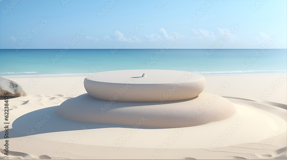 Empty rounded wooden podium product display on white sand beach over the ocean