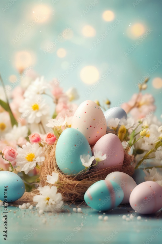 AI generated illustration of a decorative bird's nest featuring pastel-colored Easter eggs AI generated illustration of a decorative bird's nest featuring pastel-colored Easter eggs