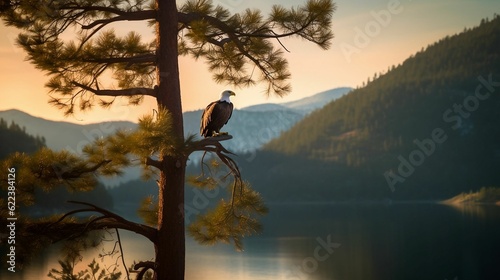 AI-generated illustration of a Bald Eagle perched atop a tree along the banks of tranquil water.