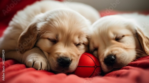 Ai-generated illustration of two adorable sleeping Golden retriever puppies.