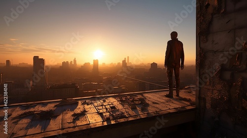 AI-generated illustration of a man standing on the rooftop of a tall building facing the sunset sky.