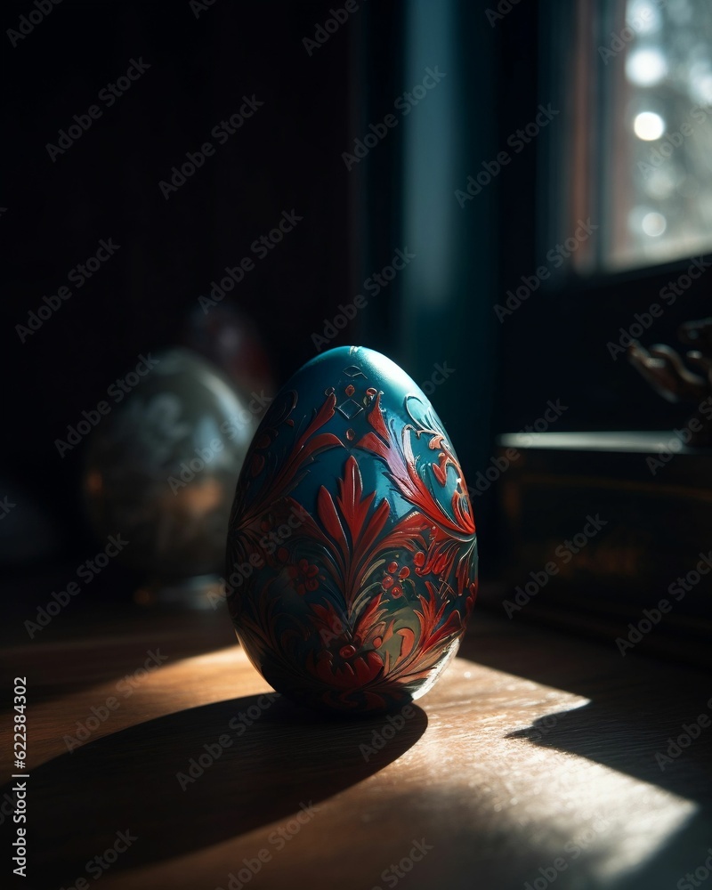 AI generated illustration of a decorated easter egg, its glossy surface reflecting the light