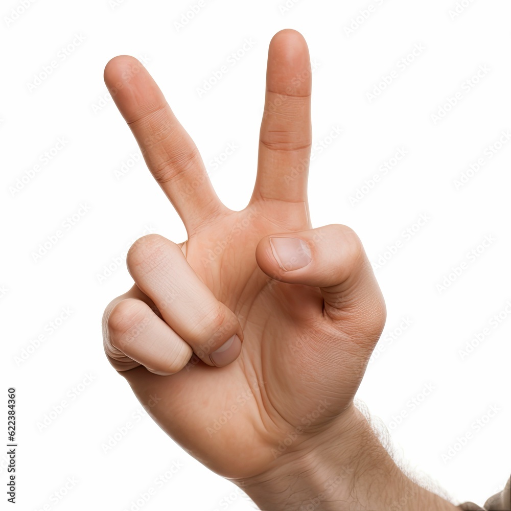 AI generated illustration of a hand doing the peace sign on a white background AI generated illustration of a hand doing the peace sign on a white background