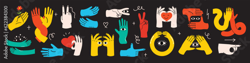 Groovy hippie set of colorful hands with different gestures. Hands with heart, eyes, together hands and etc. Hand drawn vector illustration.