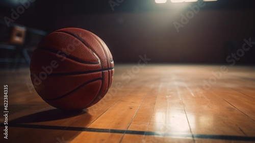 AI generated illustration of a basketball on a dark court, illuminated by the stadium lights