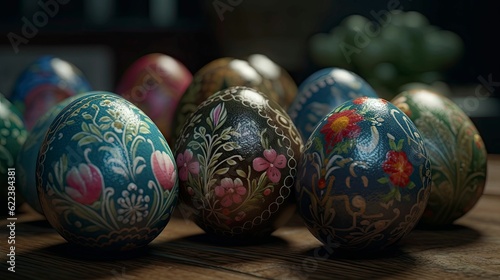 AI generated illustration of intricately decorated Easter eggs arranged on a wooden table