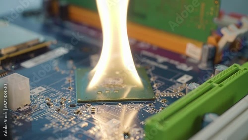 CPU Processor Microchip. Оverheated burning processor. concept of computer