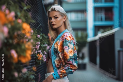a beautiful young blond woman posing in a colorful bomber jacket
