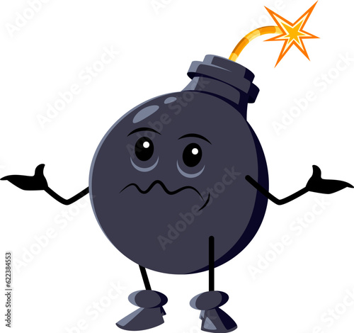 Cartoon shrug bomb character, explosive weapon personage with sparkling wick or fuse. Isolated vector quirky, comical, explosive figure expressing uncertainty, ambiguity or indifference emotions