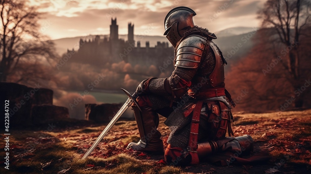 AI generated illustration of a knight in full medieval armor on knees atop a grassy hill - obrazy, fototapety, plakaty 