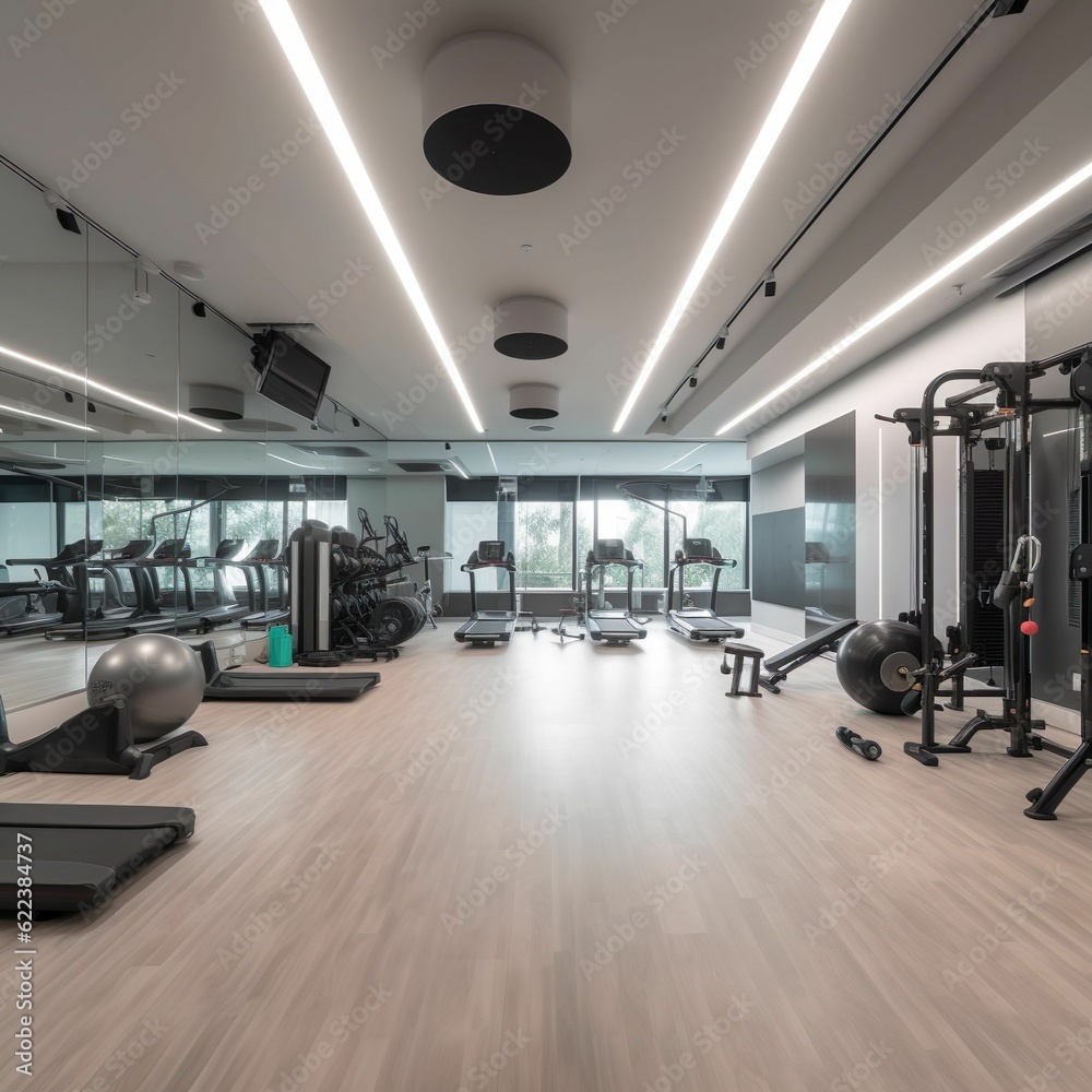 AI generated illustration of a brightly lit gym interior, perfect for a workout session