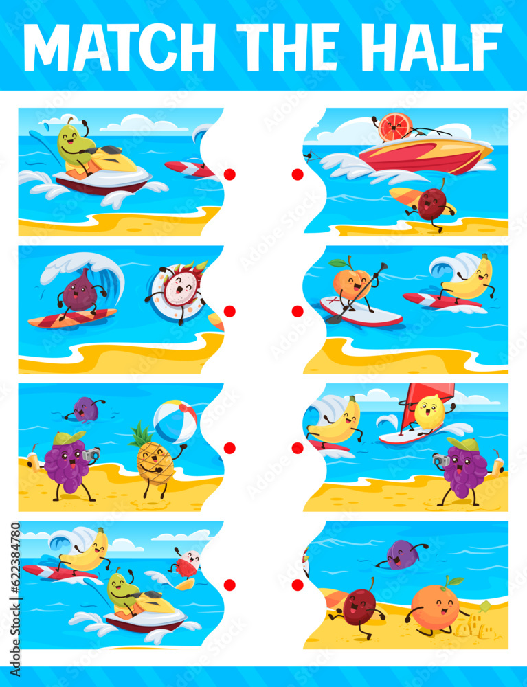 Naklejka premium Match the half of cartoon funny fruits on summer beach vacation. Fragment search game vector worksheet with guava, grapefruit, fig and pitaya, peach, banana funny personages riding jet ski and surfing