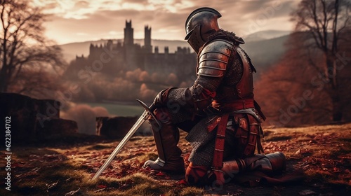 Foto AI generated illustration of a knight in full medieval armor on knees atop a gra