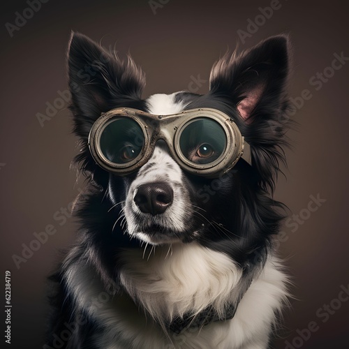 AI generated illustration of a cite black white dog with pilot goggles