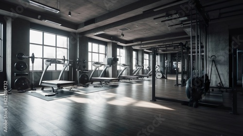 AI generated illustration of a brightly lit gym interior, perfect for a workout session