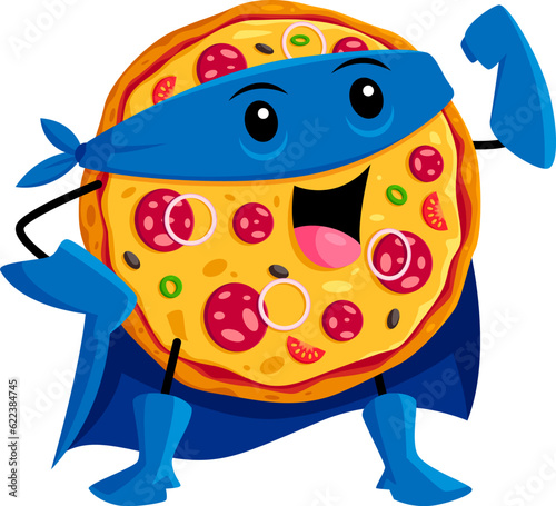 Cartoon fast food funny pizza superhero character. Italian cuisine restaurant meal defender happy mascot, pizzeria hero mascot or pizza with salami superhero comical vector personage