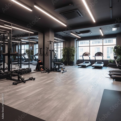AI generated illustration of a brightly lit gym interior, perfect for a workout session © Fornelli By Design/Wirestock Creators
