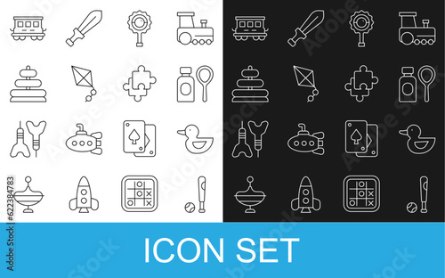 Set line Baseball bat with ball, Rubber duck, Soap bubbles bottle, Rattle baby toy, Kite, Pyramid, Passenger train cars and Puzzle pieces icon. Vector