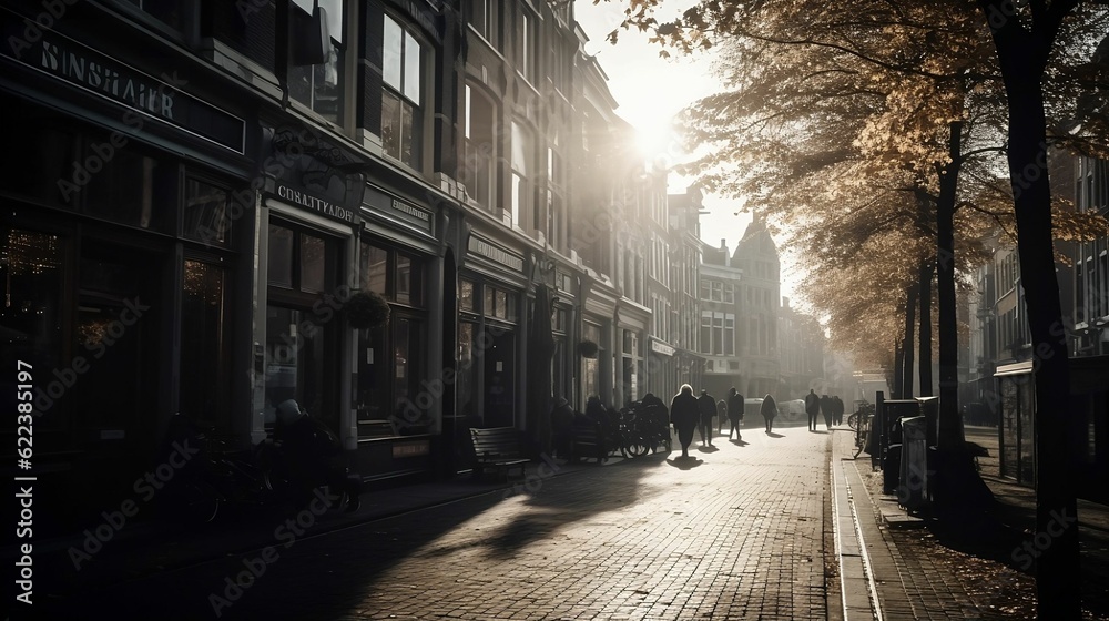 AI-generated illustration of a cobbled sidewalk with silhouettes of people in bright sunlight.