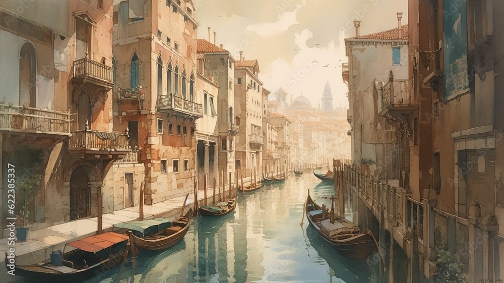AI generated illustration of a tranquil canal scene featuring several boats gently bobbing in water