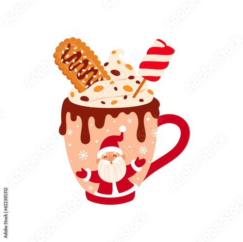 Christmas coffee cup with Santa Claus, eggnog drink in mug with funny Xmas character. Vector hot chocolate with chocolate and candy cane