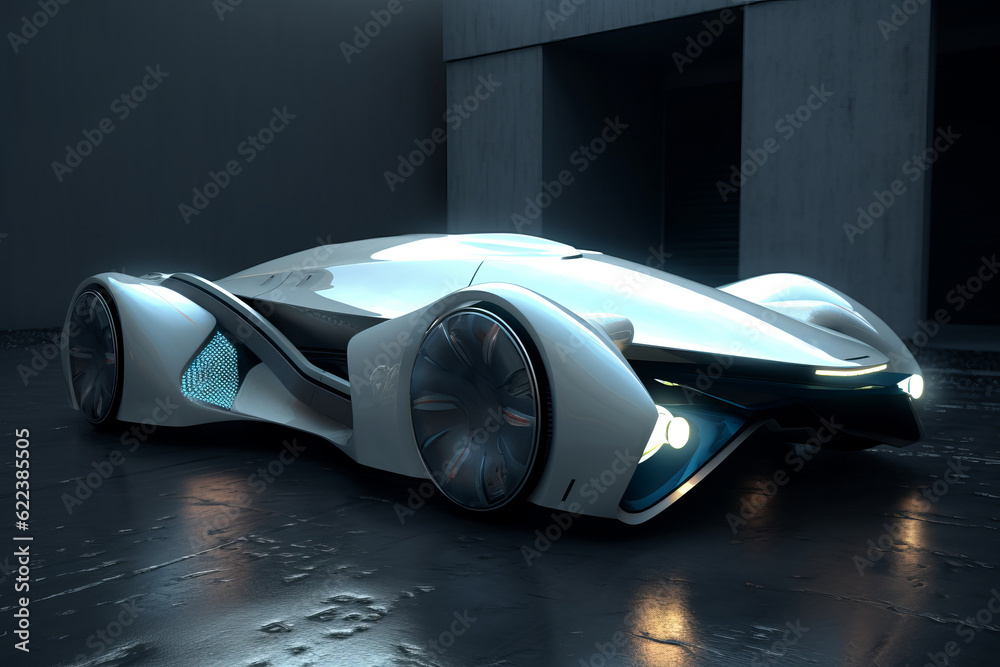 Futuristic white car on black background - the vehicle of the future concept. Generative AI