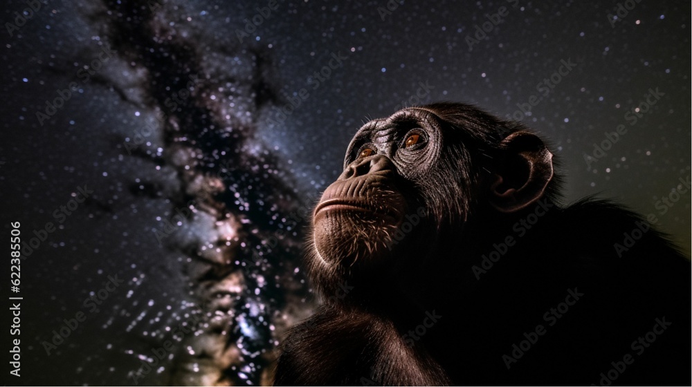 AI generated illustration of a monkey looking up at the night sky, observing the stars