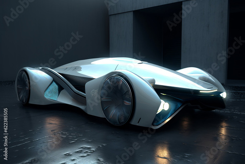 Futuristic white car on black background - the vehicle of the future concept. Generative AI © happy_finch