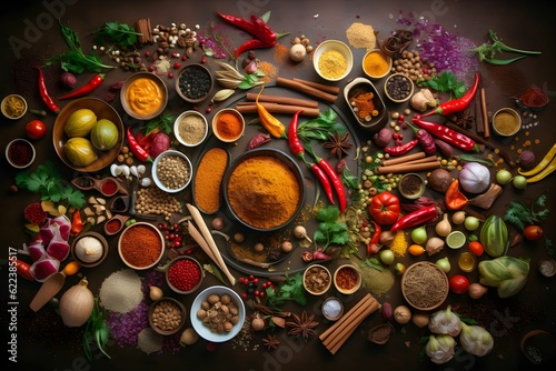 AI-generated illustration of vibrant spices and colorful vegetables on the table. Indian Food.